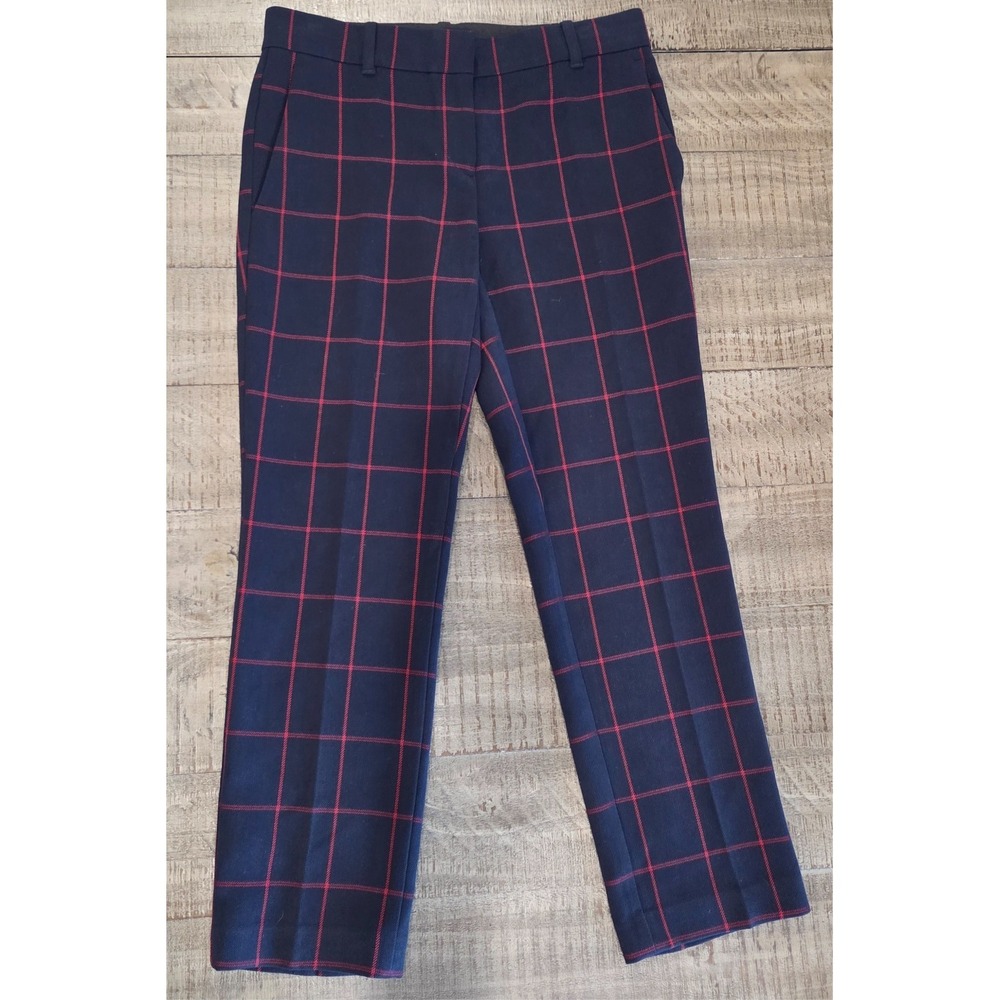 Ann Taylor Womens Navy Blue Red Plaid Cropped Dress Pants Size 0 Straight Leg